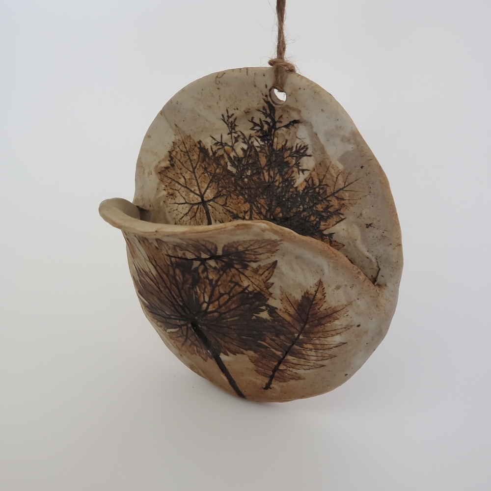 Studio Pottery Wall Pocket Embossed Leaves Signed Garnet